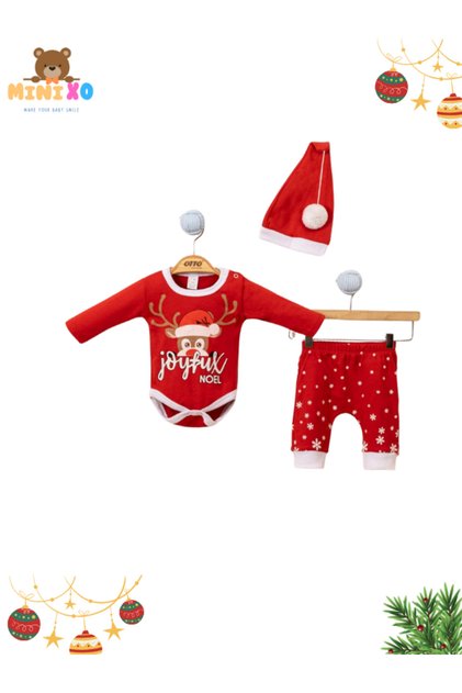 Mnixo Baby Kırmızı Noel Temalı Uzun Kollu Pamuklu Bebek