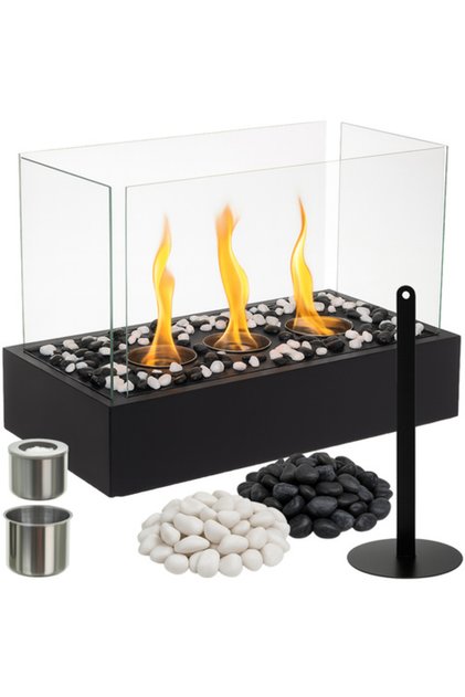 Semineu portabil cu sticla, bioetanol, pietre decorative, 450 ml, 45 x 30 x 21 cm, metal, negru