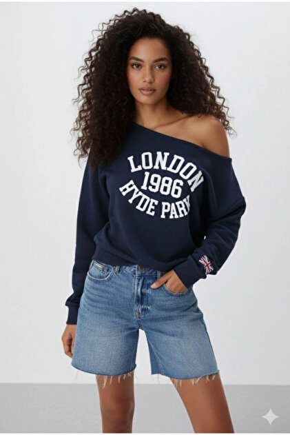 Kadın London 1986 Baskılı Tek Omuz Kayık Yaka Yeni Sezon Oversize Sweatshirt