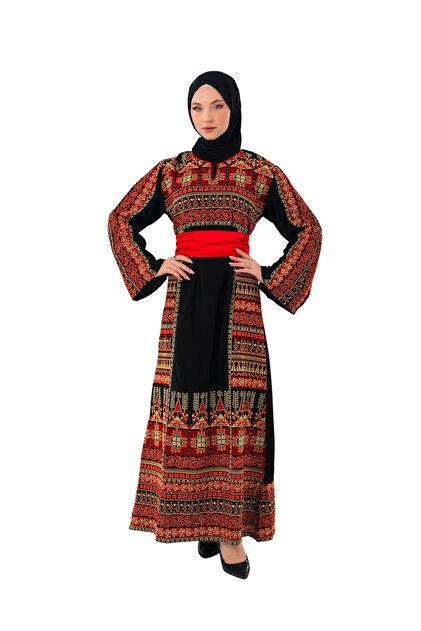 Hijab Dress Palestine Embroidered Black Red Gold Belted Women's Dress