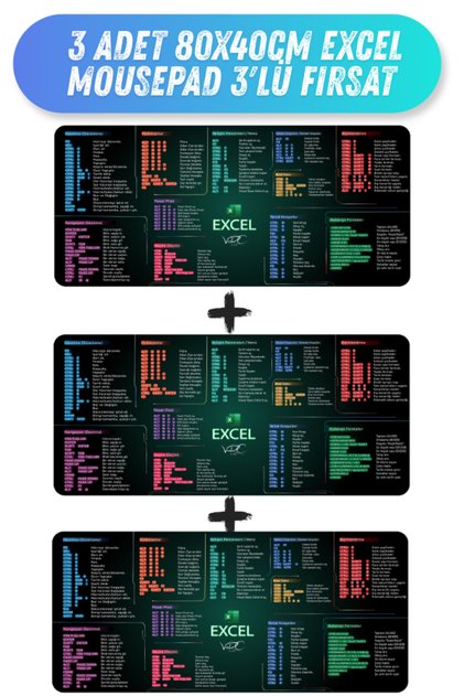 3 Adet Excel Kısayol Mousepad 80x40 Kaymaz Kauçuk 3'lü Fırsat