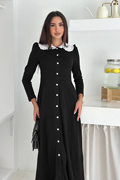 Neşeli Butik women's lace collar buttoned long sleeve dress