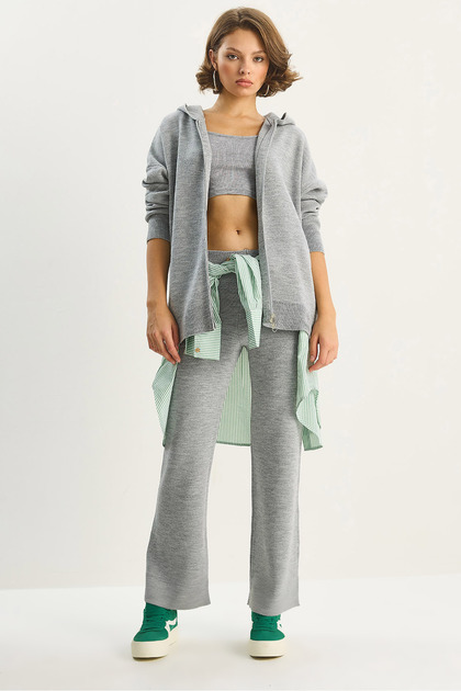 Women's Gray Relax Fit Hooded Cardigan High Waist Pants Knitwear Set Tt251003 60283645