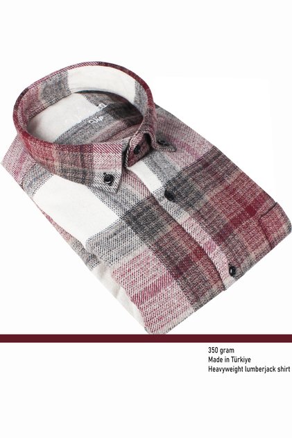 Men's Burgundy Winter Thick Checkered Lumberjack Shirt – Wide Cut Trend Shirt with Pockets Model 350 Grams