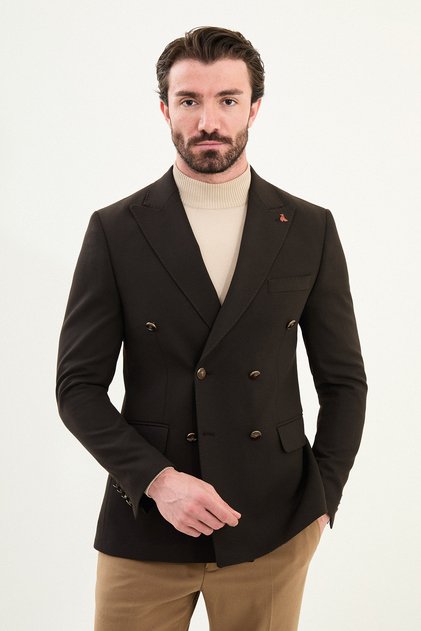 Straight Slim Fit Wide Collar Double Breasted Metal Button Men's Jacket Brown - 41479.25K