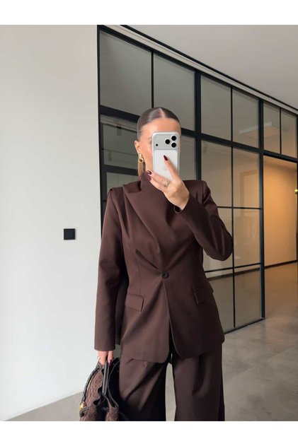 Shawl Detail Jacket Pants Brown Suit