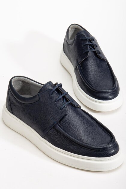 Genuine Leather Men's Casual Shoes Navy Blue Tied Eva Sole