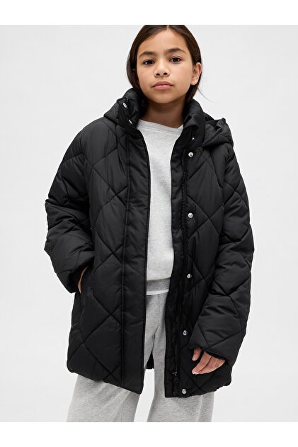 Kız Çocuk Siyah Kapitone Puffer Şişme Mont