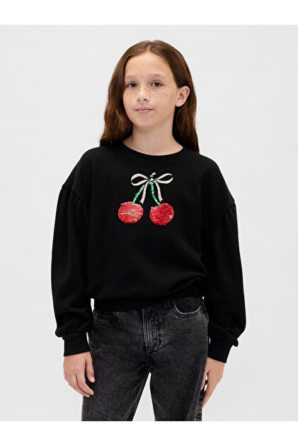 Kız Çocuk Siyah Relaxed Flippy-Sequin Grafikli Sweatshirt