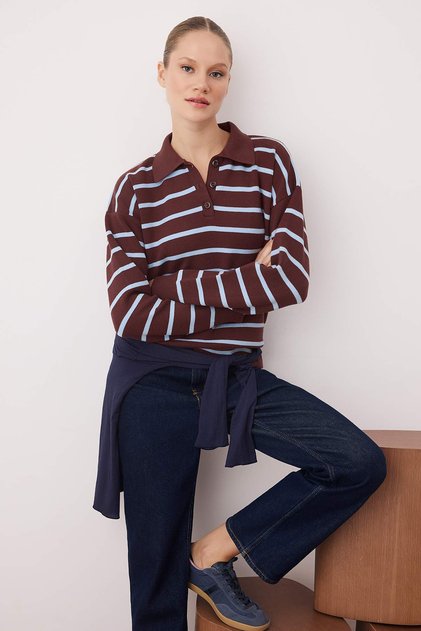 Wardrobe Essentials Kahverengi Premium/Özel İplik Polo Yaka Triko Kazak | TWOAW26KZ00060
