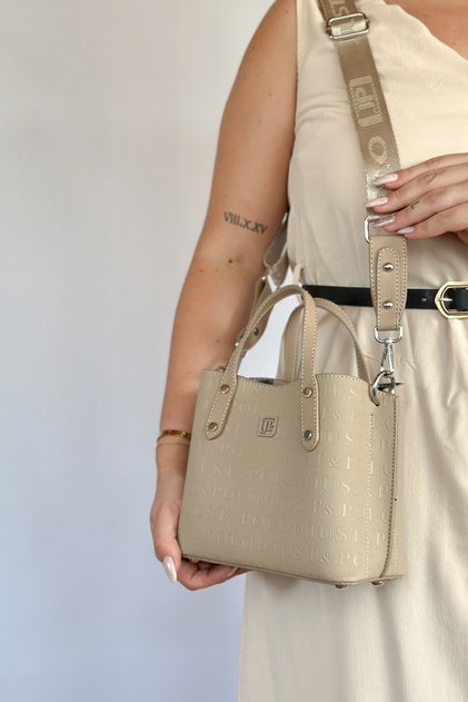 Embossing Printing Premium Quality 4 Compartment Women's Hand and Shoulder Bag 24x24cm 4095 tan combination