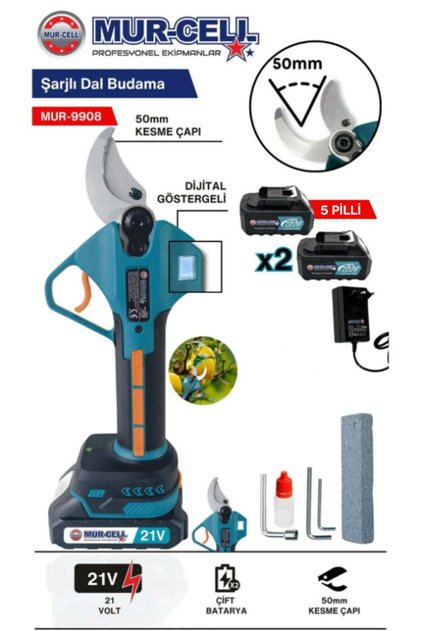 9908 Dal Budama Makası 21v 2ah 50mm Kesme Çaplı Çelik Bıçaklı 5 Pilli