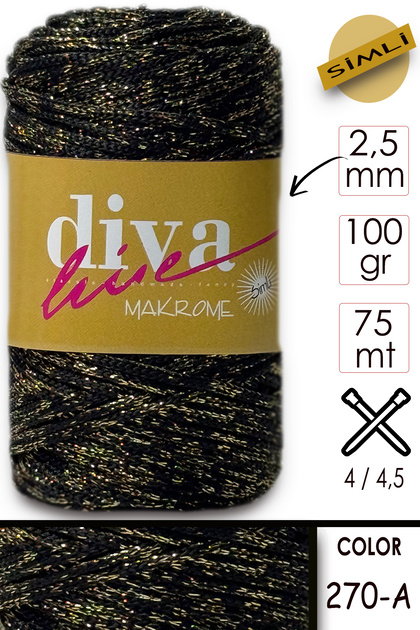 Diva Macrame Floss Glitter 270a Negru-auriu