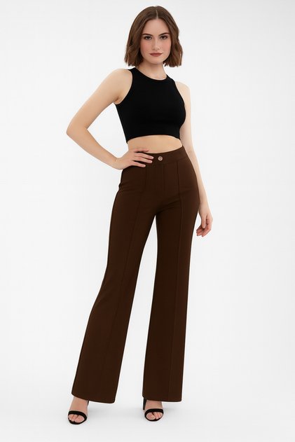Brown Scuba Creepe with Chamfered Front P Palazzo Pants (Short-Term Launch Price)