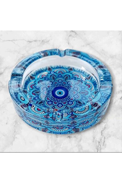 イマン　ポワージュブルー　トラッシュ缶 ella'nın çarşısı 10 Cm Nazar Boncuğu Desenli Cam Sigara Küllük .1