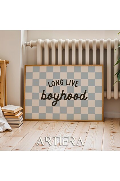 Boyhood Siyah Yazılı Mavi Kareli Modern Erkek Odası Çocuk Odası Ahşap Çerçeveli Yatay Tablo
