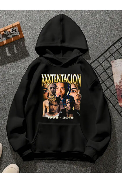 COMVİCHO xxxtentacıon v2 Baskılı Kapşonlu Siyah Sweatshirt