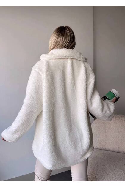 EDZ Kadın Beyaz Peluş Welsoft Cepli Hırka Astarsız Trend Günlük