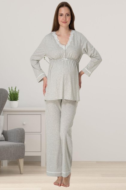 Women's Gray Melange Special Design Lace Cotton Maternity Pajama Set