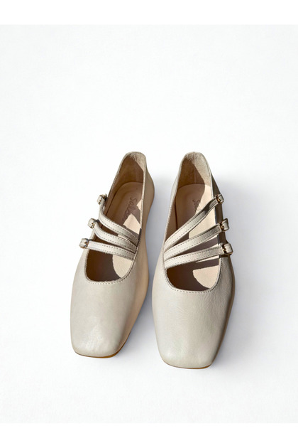 Genuine Leather Women's Beige Mary Jane Ballerinas - Handmade Daily Comfortable Shoes