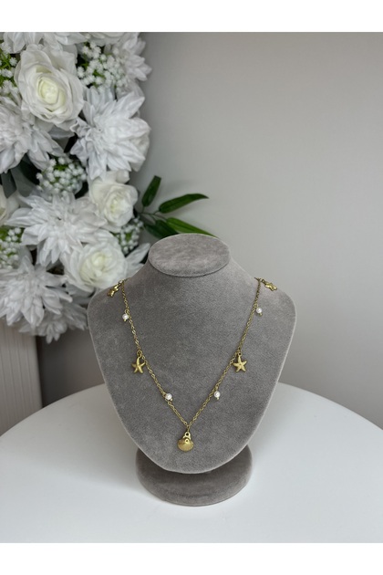 Gold Pearl Stone Starfish and Shell Detailed Steel Necklace 42 cm