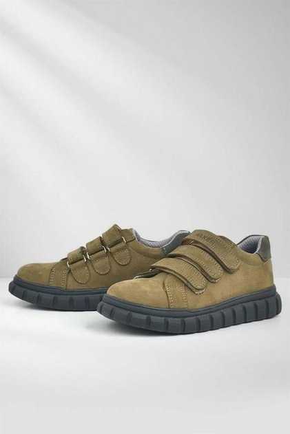 Genuine Leather Sand Color Black Velcro Children's Daily Sports School Shoes