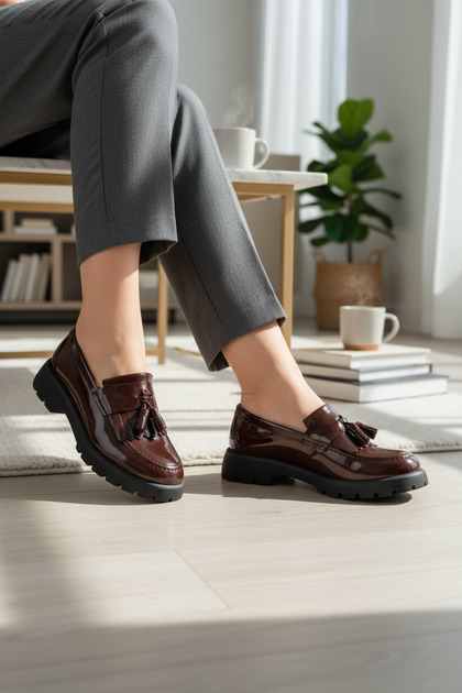 Women's Claret Red Patent Leather Genuine Natural Leather Loafer Shoes, Number 36-41