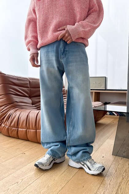 Distressed Detail Striped Baggy Jeans Ice Blue