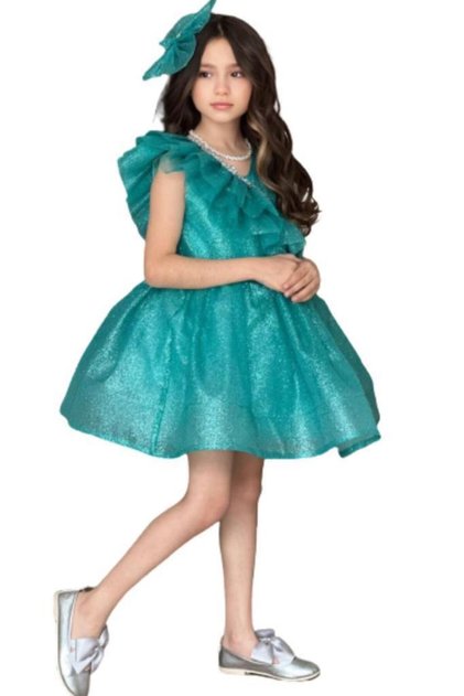 Girl's Evening Dress with Ruffle Detail on the Collar, Stone Embroidered, Glittery Turquoise