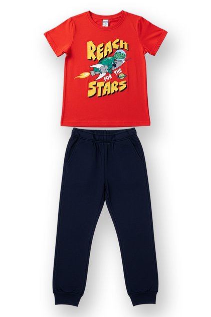 Cotton Short Sleeve Pocketed Leg Band Boys Pajama Set |   Red