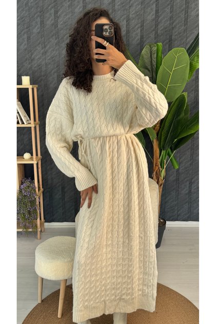 Crew Neck Hair Braided Soft Women's Knitwear Midi Dress