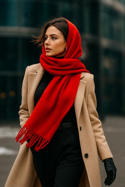 Red Tassel Scarf – Shawl and Wide Construction, Ideal for Cold Weather Sal1296