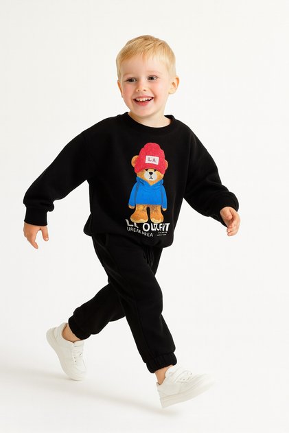 Boy's La Printed Beret Embossed Top and Bottom Set Black
