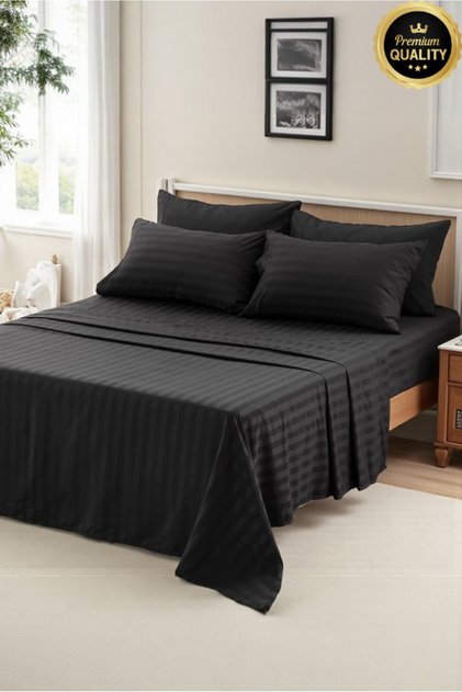 100% Cotton Satin Striped Duvet Cover Set with Double Elastic Sheets (200X220 Duvet Cover)
