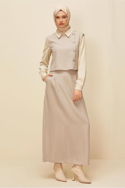 Button Detail Skirt Suit 46013