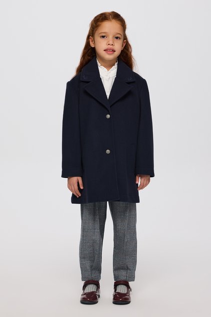 Girl's Buttoned Navy Blue Coat