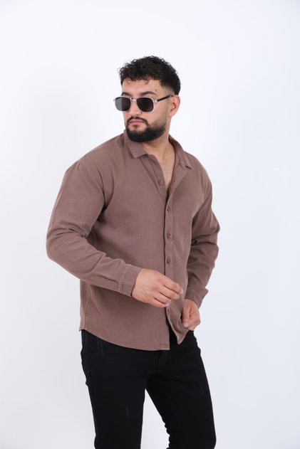 Men's brown linen-look Oversized shirt long sleeve casual everyday streetwear