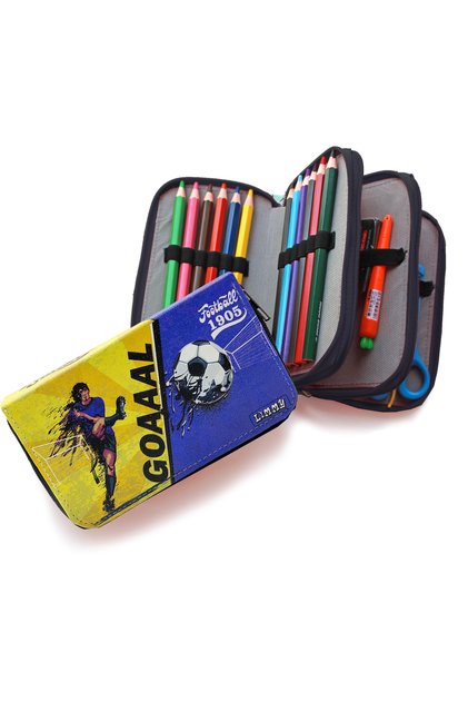 Pencil Case Yellow-Navy Blue Fan Football Organizer Pencilcase Vegan Leather Three Compartments Pen Holder