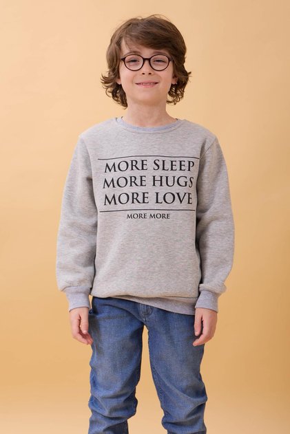 Unisex Children's Crew Neck Sweatshirt with Print Detail and Fleece Inside – Gray Melange
