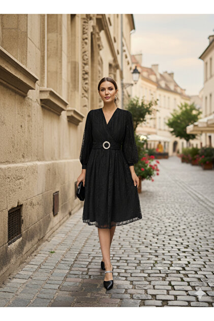 avzem Black Midi Length Double Breasted Neckline All Lace Lined Flared  Evening Dress Wedding Engagement Henna Night Invited Dress- Trendyol