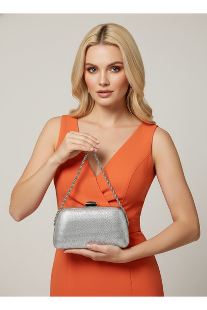 Silver Janjan Color Stone Pearl Detailed Chain Handle Women's Evening Dress Bag