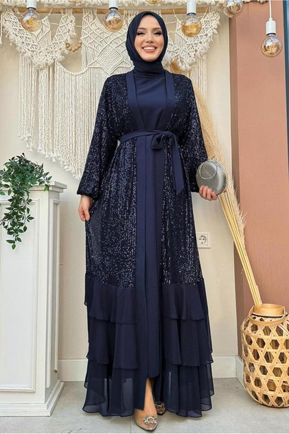 KADIN LACİVERT PUL PAYETLİ ABİYE ELBİSE TAKIM T 3848