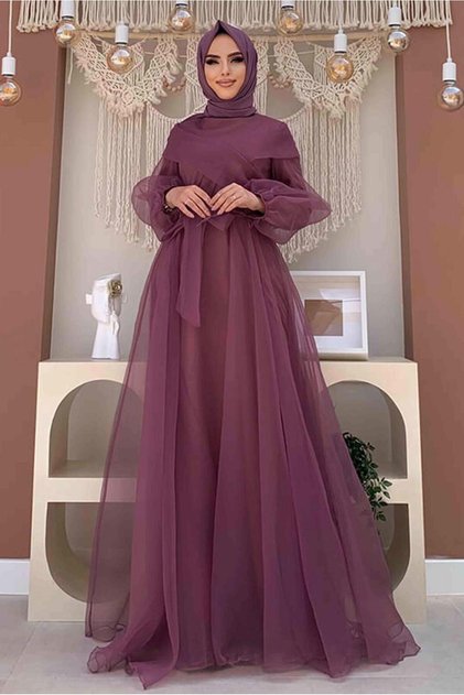 KADIN MOR (LİLA) Kuşaklı Tüllü Abiye Elbise T 4693