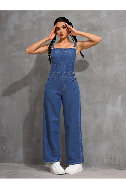 Women's Blue Kangaroo Pocket Loose Leg Jeans Gardening Overalls