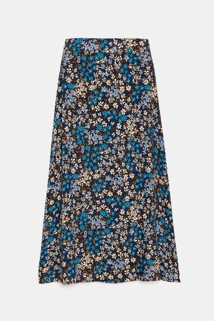Fusta midi țesută cu model floral, în formă de A, cu talie normală, albastru bleumarin - viscoză
