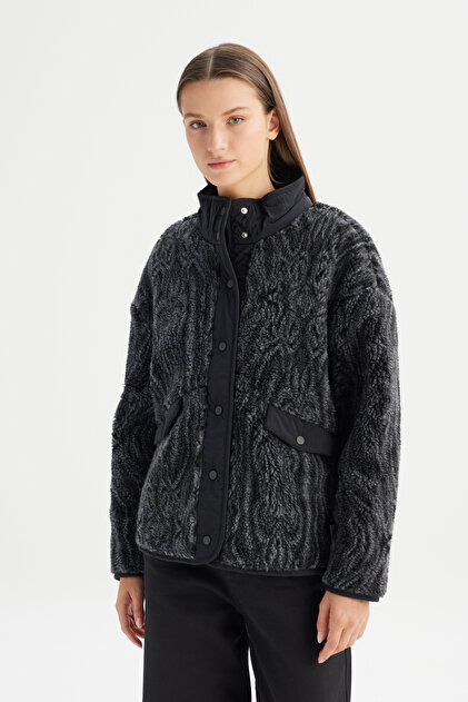 Regular Fit Normal Cut Patterned Black Sherpa Jacket