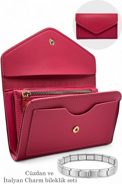 Women's Wallet Set | Medium Size Envelope Model Pink & Italian Charm Steel Bracelet