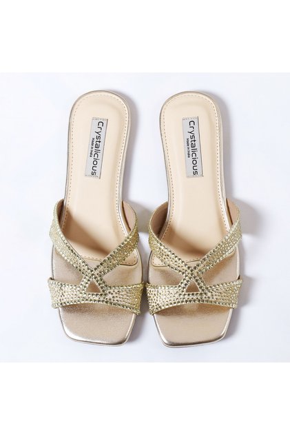 Sapphire Handcrafted Chic & Comfort Rhinestones Women Flat Sandal Non-Slip For Day-To-Night Wear