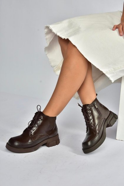 V312400309 Brown Thick Soled Lace-Up Women's Boots