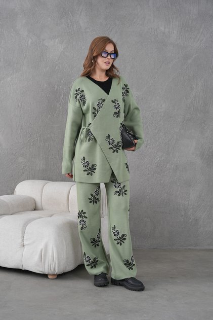 Women's Beaded and Embroidered Side-Tie Wide-Fit Knit Cardigan and Pants Set